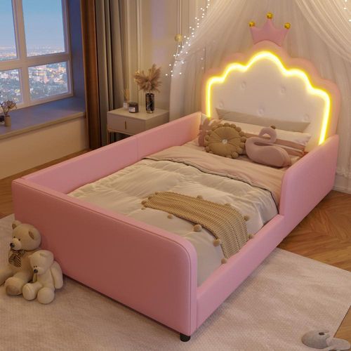 Polsterbett, Mit LED-Lichtleiste, Prinzessinnenbett in Kronenform, Prinzessinnenbett in Kronenform, Sicherheitsgitter, PU, Ohne Matratze, Rosa, 90 x 190 cm