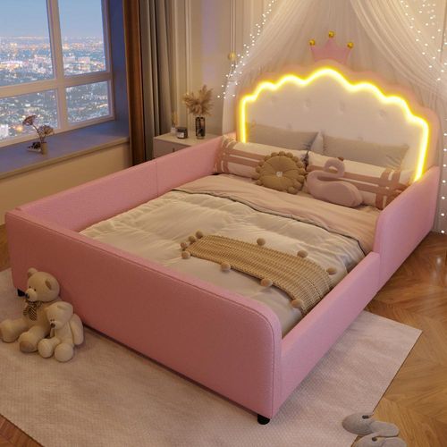 Polsterbett, Mit LED-Lichtleiste, Prinzessinnenbett in Kronenform, Prinzessinnenbett in Kronenform, Sicherheitsgitter, PU, Ohne Matratze, Rosa, 140 x 190 cm