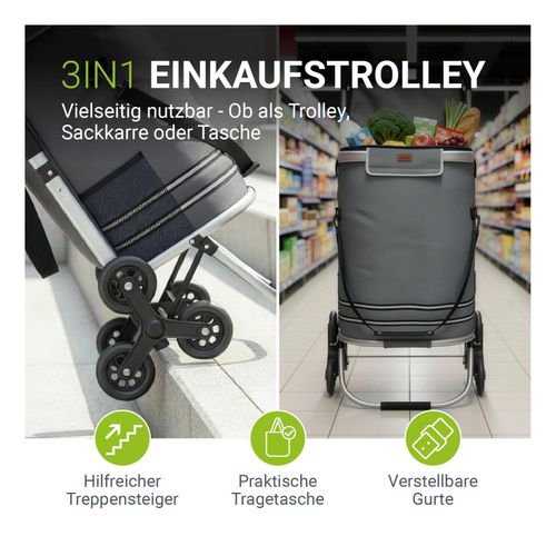Juskys 3in1 Einkaufstrolley für Treppen - 56 L, modern & klappbar - Treppensteiger Trolley Grau
