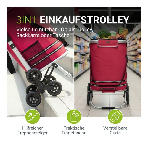 Juskys 3in1 Einkaufstrolley für Treppen - 56 L, modern & klappbar - Treppensteiger Trolley Rot