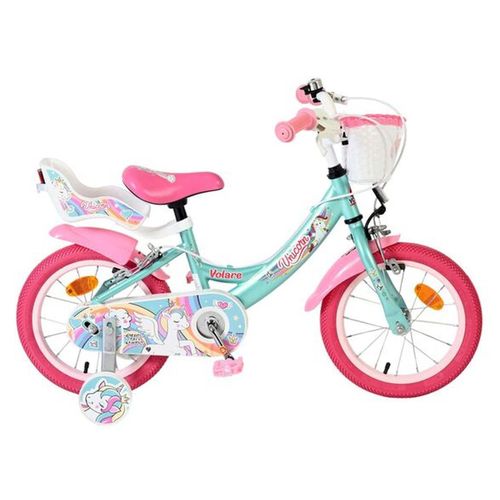 Volare Unicorn Kinderfahrrad 14 Zoll Grün mit zwei Handbremsen, Stützrädern, Einhorn- und Regenbogenmotiv