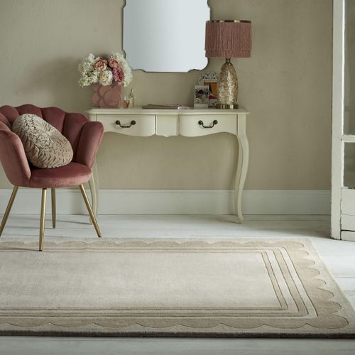 Teppich FLAIR RUGS "Lois mit Jakobsmuschelbordüre", beige (natur), B:160cm H:10mm L:230cm, Kunstfaser, Wolle, Teppiche, Teppich, mit Jakobsmuschelbordüre