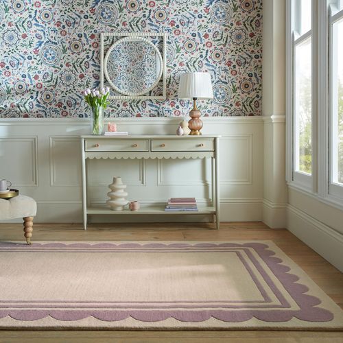Teppich FLAIR RUGS "Lois mit Jakobsmuschelbordüre", lila, B:160cm H:10mm L:230cm, Kunstfaser, Wolle, Teppiche, Teppich, mit Jakobsmuschelbordüre