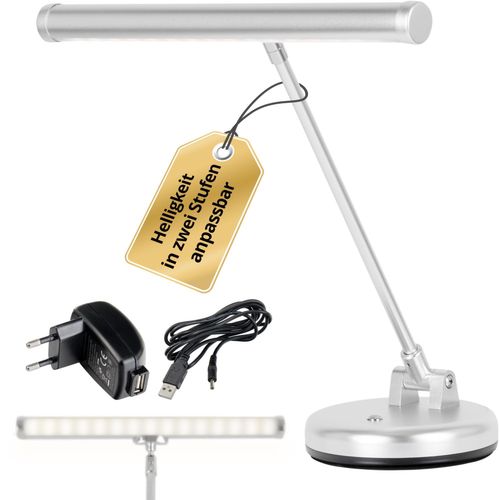 Showlite PL-1-SL-KW LED Klavierleuchte - Klavierlampe mit 15 LEDs - kaltweißes Licht in 2 Stufen - 36 cm Höhe - Betrieb per USB, Netzstrom oder Batterie - silber matt