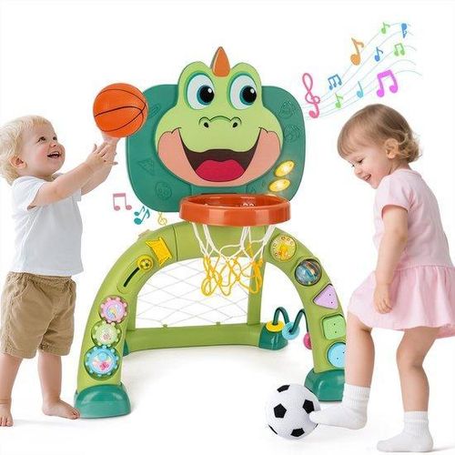 Unyqoos® Interaktives Spielzentrum für Kleinkinder (1–2 Jahre) – Basketball & Musik, 7 Lernaktivitäten inkl. Formensortierer & Abakus, buntes Dinosaurier-Design, BPA-frei