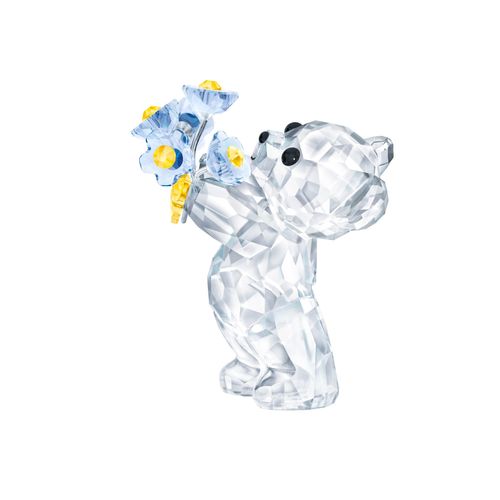 Dekofigur SWAROVSKI "Kris Bär – Vergissmeinnicht", weiß (gelb, schwarz, blau, kristallweiß), Dekofiguren, B/H/T: 2,6cm x 4,5cm x 3,7cm, Swarovski-Kristall, Swarovski Kristall, B:2,6cm H:4,5cm T:3,7cm