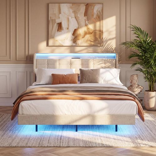 BEALIFE Polsterbett 160x200 cm mit USB-Ladung, LED-Licht & Kopfteil-Stauraum | Metallgestell, 18 cm Bodenfreiheit | Beige BF30