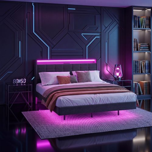 BEALIFE Polsterbett 160x200 cm mit USB-Ladung, LED-Licht & Kopfteil-Stauraum | Metallgestell, 18 cm Bodenfreiheit | Dunkelgrau BF30