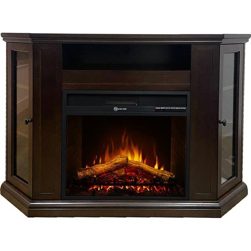 Elektrischer Kamin-Eck-Bodenkamin MADISON aus Walnussholz L126 x T78 x H83