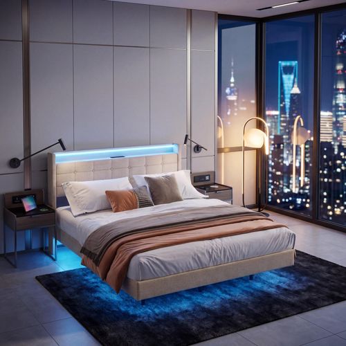 BEALIFE Polsterbett 140x200 cm mit USB-Ladung, LED-Licht & Kopfteil-Stauraum | Metallgestell, 18 cm Bodenfreiheit | Beige BF30