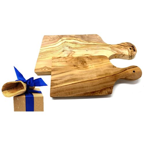 Frühstücksbrett OLIVENHOLZ-ERLEBEN "2er Set Schneidebrett mit Griff aus Olivenholz", braun, B:14cm H:1,5cm L:27cm, Massivholz, Schneidebretter, praktische Griffe sorgen für eine einfache Handhabung