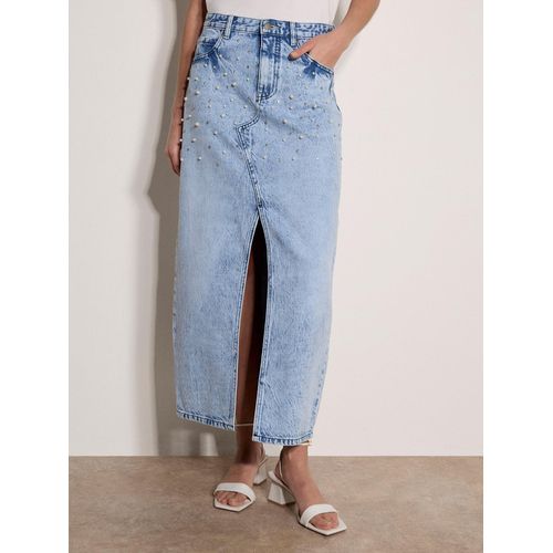 Midirock APRICOT "Midi-Jeansrock mit Perlenverzierung", Damen, Gr. S (36), blau (himmelblau), Denim, Obermaterial: 100% Baumwolle CO., uni, normal, Röcke, mit Perlenverzierung