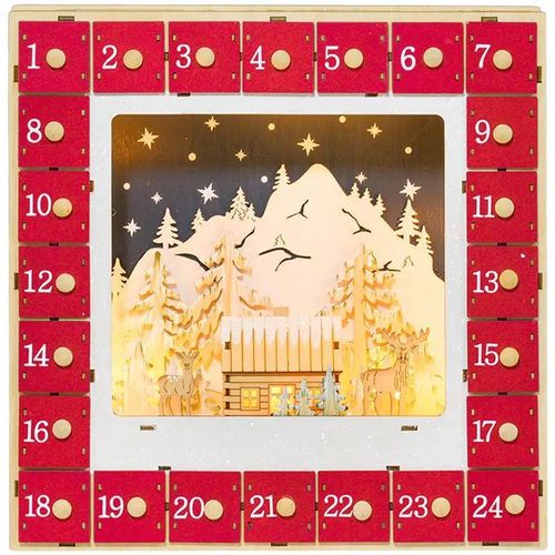 LED Adventskalender - Holz Weihnachtsbaum - 24 befüllbare Schubladen - beleuchtete Weihnachtsdeko - rot