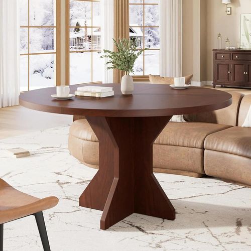 Runder Esstisch - Esstisch 119 cm - Für 4–6 Personen - Standsicherer Säulenfuß - Platzsparend - Holzgestell - Braun