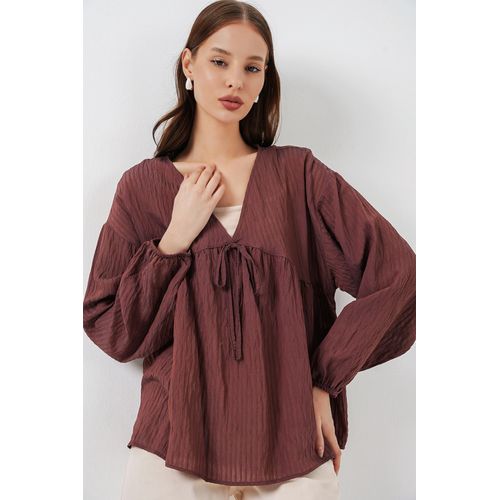 Gestructureerde Seersucker V-hals Blouse met Strikje