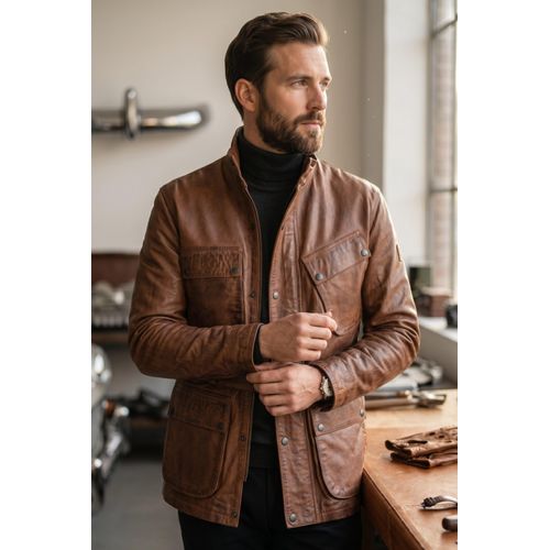 Heren Tan Lam Leren Safari Parka Jas - Haven