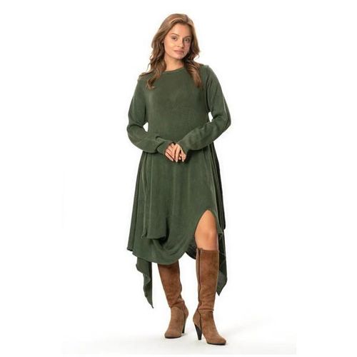 Handan Jurk met lange mouwen, asymmetrische snit, herfst en winter, zwierige midi-lengte, gebreide stof, kaki HK
