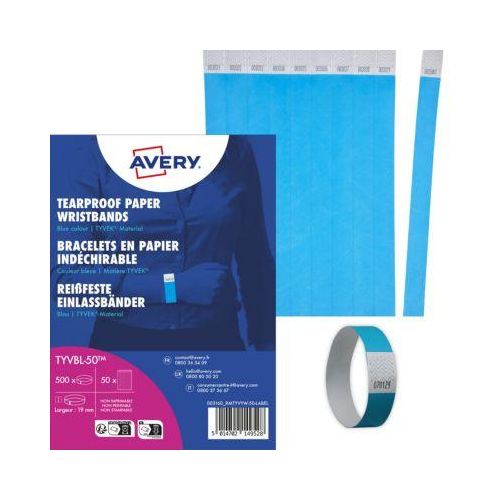 Avery Zweckform TYVPK-50 Einlassbänder 19 x 256 mm, blau, Tyvek, nummeriert, 500 Stück