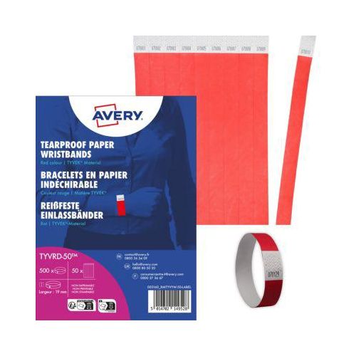 Avery Zweckform TYVRD-50 Einlassbänder 19 x 256 mm, rot, Tyvek, nummeriert, 500 Stück