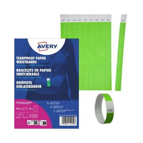 Avery Zweckform TYVGN-50 Einlassbänder 19 x 256 mm, grün, Tyvek, nummeriert, 500 Stück