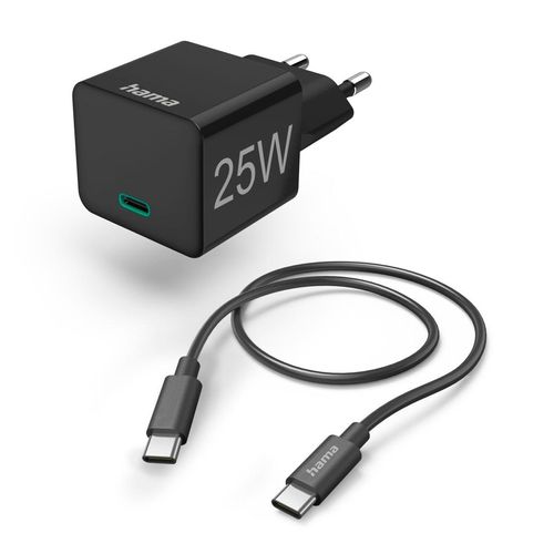 HAMA Schnelllade-Gerät "Schnellladegerät mit Ladekabel USB C, Mini Ladegerät, PD, 25W, 1 m", schwarz, Ladegeräte
