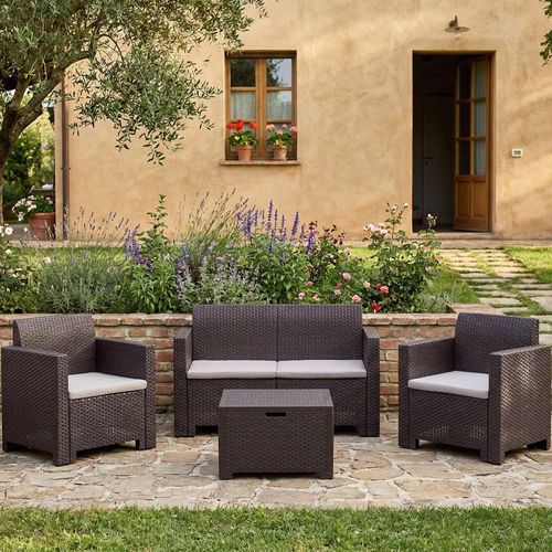 Lounge-Set für den Außenbereich Dmotto, Garten-Set mit Kissen, Lounge-Set für den Innenbereich in Rattan-Optik, 100 % Italy, Braun