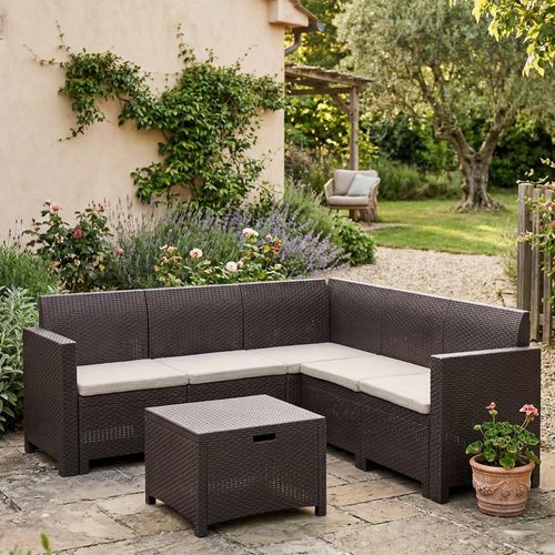 Lounge-Set für den Außenbereich Dcorre, Garten-Set mit Kissen, Lounge-Set für den Innenbereich in Rattan-Optik, 100 % Italy, Braun