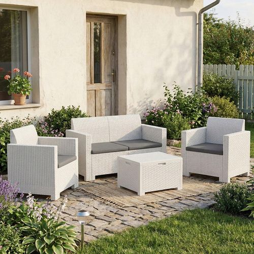 Lounge-Set für den Außenbereich Dmotto, Garten-Set mit Kissen, Lounge-Set für den Innenbereich in Rattan-Optik, 100 % Italy, Weiß