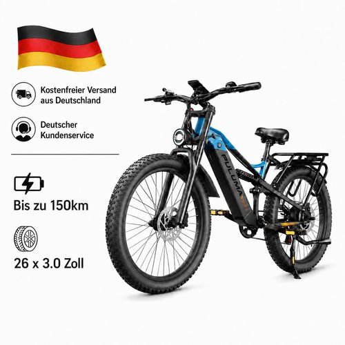26 Zoll Fatbike PE86 vollgefedertes E-Bike, Shimano 7-Gang, Hydraulikbremse, 20Ah Samsung-Akku bis 25km/h, max. 150kg Traglast