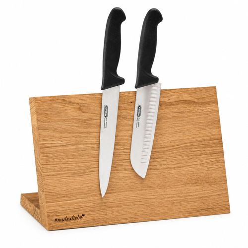 Messerblock MULEX "Magnetischer Block mit Kochmesser 20 cm & Santokumesser 17 cm", hellbraun, B:12cm H:22cm L:32cm, Messerblöcke, Messerblock, Magnetischer Messerblock aus Eichenholz mit 2 Profimessern
