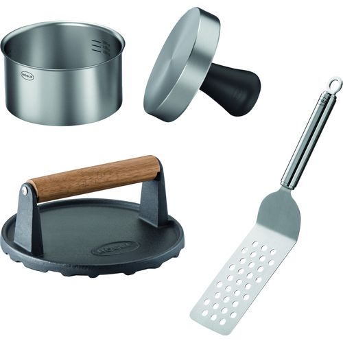 Burgerpresse RÖSLE "Barbecue Burger Set All-In-One", silber (silberfarben), B:21cm L:33cm T:9cm, Edelstahl 18/10, Gusseisen, Küchenpressen, 3-tlg., Burgerpresse PRO, BBQ-Gewicht und Burger Wender