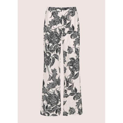 Chinos MADELEINE "Druckhose Baumwollhose mit floralem Print", Damen, Gr. 36, N + K Gr, schwarz (schwarz, weiß), Obermaterial: 100% Baumwolle CO., Modern, weit, Hosen, Baumwoll-Druckhose mit Madeirastickerei