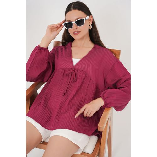Gestructureerde Seersucker V-hals Blouse met Strikje