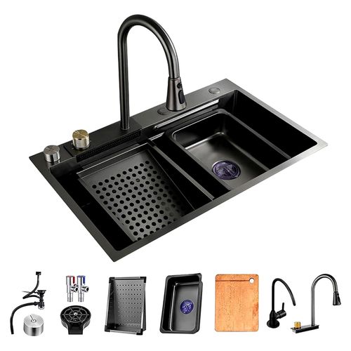 Küchenspüle, Wasserfall-Küchenspüle, Edelstahl-Nano-Spüle, Einzelbecken-Küchenspüle-Arbeitsplatz, Mit Küchenspülen-Zubehör (Color: Black-gray, S: 75x45x22cm)