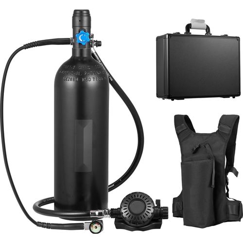 Mini-Tauchflasche - Tragbare Atemluftflasche 2 l (Sauerstoffflasche) - Wiederbefüllbar - Bis zu 35 Minuten Unterwasseratmung - Mit Rucksack & Tasche