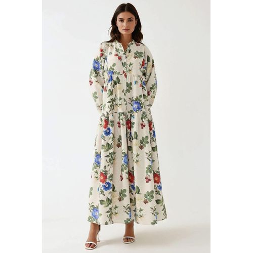 Bloemen Linnen Voel Crew Neck Maxi Jurk