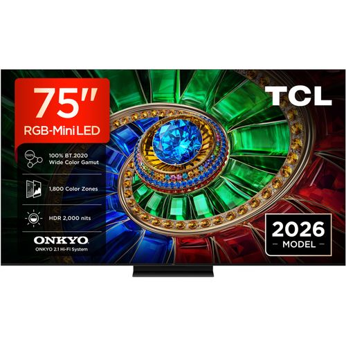 TCL Mini-LED-Fernseher "75RM7LX1", Energieeffizienz: E (A-G), schwarz, 75 ″, Fernseher, Apple Airplay 2, 2.000 nits HDR, 100 % BT.2020, ONKYO 2.1