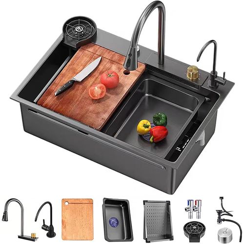 Küchenspüle, Wasserfall-Küchenspüle, Edelstahl-Nano-Spüle, Einzelbecken-Küchenspüle-Arbeitsplatz, Mit Küchenspülen-Zubehör (Color: Black-gray, S: 75x45x22cm)