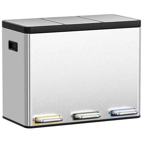 Mülleimer Küche - 3-fach Treteimer 45L - Mülltrennung - Edelstahl - Soft-Close Deckel - Geruchsdicht - Rechteckig - Silber