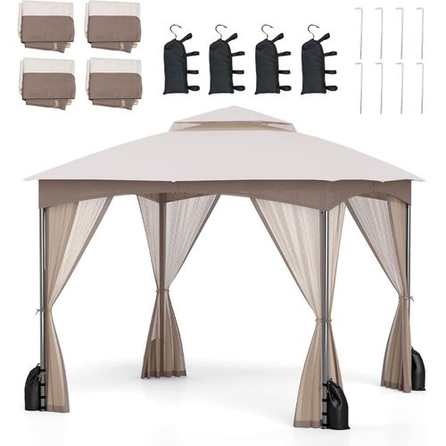 KOMFOTTEU Pavillon für den Außenbereich, 3 x 3 m, aus Polyester, beständig gegen Sonne und Regen, Dachzelt mit Netz und Sandsäcken, Dachzelt für Party