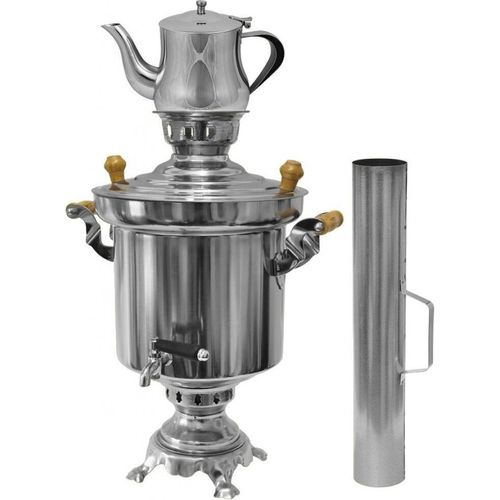 Edelstahl Holzkohle Samowar 5 Liter mit 0,9 Liter Teekanne + Schornstein , Holzkohlesamowar, Samawar, russische und türkische Tradition. Tee kochen am Grillplatz, Wasserkocher mit Kohle, Teekocher