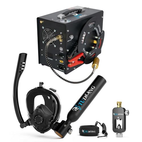 Tauchflaschen-Set - S200Plus A3 Tauchflasche - 0,5 l - 6–10 Min. Atemzeit - 200 bar/20 MPa - Mit Luftkompressor - Mit Tauchmaske - Schwarz