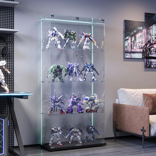 Glasvitrine - Standvitrine, A2 - LED-Lichtleiste - 4 Glasböden - 2 Glastüren - Abschließbar - Schwarz