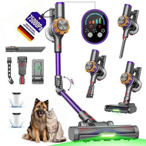 75000Pa Akku staubsauger 600W/70Min.1,2L Staubbehälter,Ultraleiser Staubsauger Kabellos,65dB leise,OLED Display,H14-Filtersystem,handstaubsauger