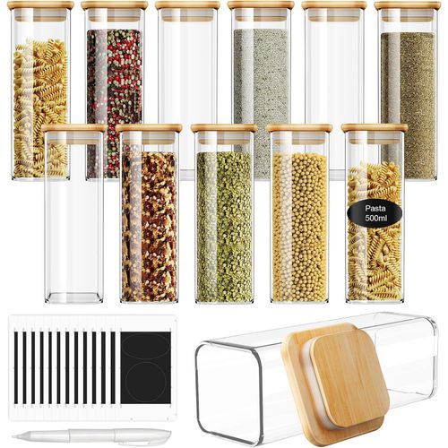 Gewürzmühle FINEW Gewürzdosen-Set eckig, 12 x 500 ml, hochwertige Gewürzdosen mit Bambusdeckel, stapelbar, luftdicht, Vorrat, zur Aufbewahrung von Gew