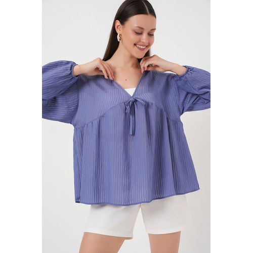 Gestructureerde Seersucker V-hals Blouse met Strik