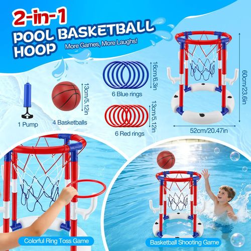 Pool-Basketballkorb und Ringwurfspiel - Poolspiel - 2-in-1 - 4 Bälle - 12 Ringe - Mit Pumpe - Ab 3 Jahren - Rot
