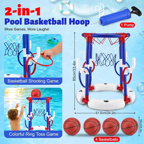 Poolspiel 2-in-1 - Basketballkorb und Ringwurfspiel - 4 Bälle - 12 Ringe - Mit Pumpe - Für den Pool - Blau