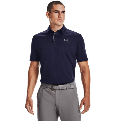 Poloshirt UNDER ARMOUR "Tech Polo", Herren, Gr. L, grau (midnight navy, graphite, graphite), Jersey, Obermaterial: 100% Polyester, normal, Rundhals, Shirts, gerader Rumpfabschluss, normale Schnittform, für Sportmode