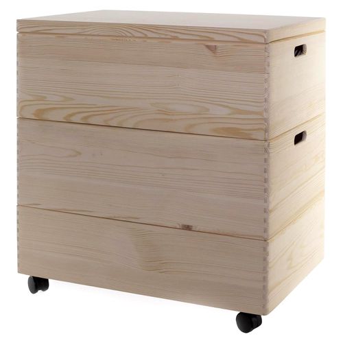 Set von drei stapelbaren Holzkisten 59 x 40 x 60 cm mit Deckel und Rollen